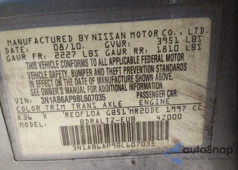 2011 Nissan Sentra 2.0S z USA, uszkodzony, nr VIN 3N1AB6AP9BL607035